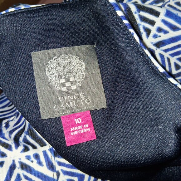 Vince Camuto Halter Fit & Flare Geometric Patterned Navy & White Dress sz 10/B19 - Picture 9 of 10